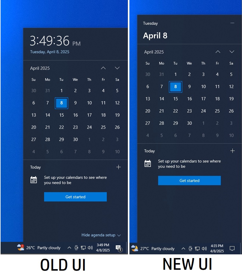 Windows 10でクロック秒のない新しいカレンダーフライアウト