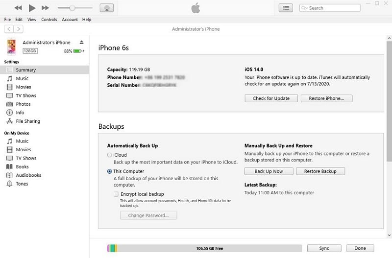 iTunesにデバイスをバックアップします