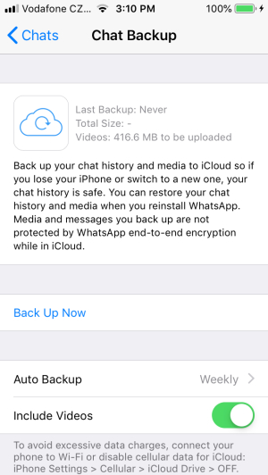 WhatsAppをバックアップするときにビデオを無効にします