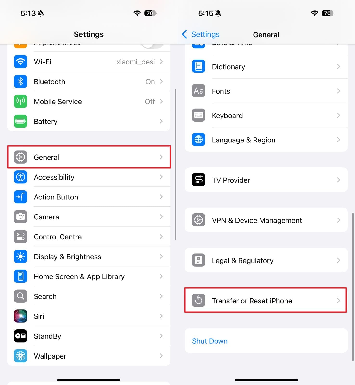 iPhoneの転送またはリセットを選択します