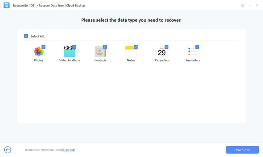 Recovergo iOSガイド-Icloudバックアップから回復するデータ型を選択します