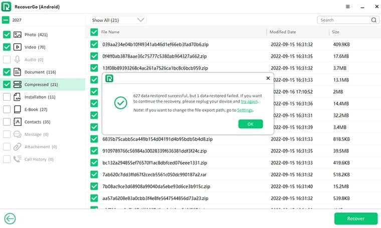 Recovergo Androidは成功を回収します