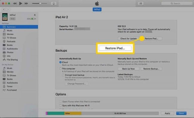 iTunesバックアップからiPadを復元します