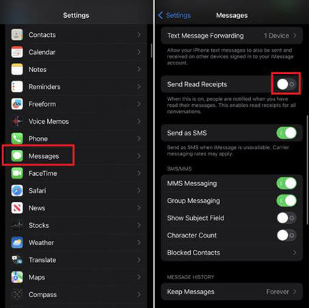 すべての連絡先について、iPhoneの読み取り領収書をオフにします