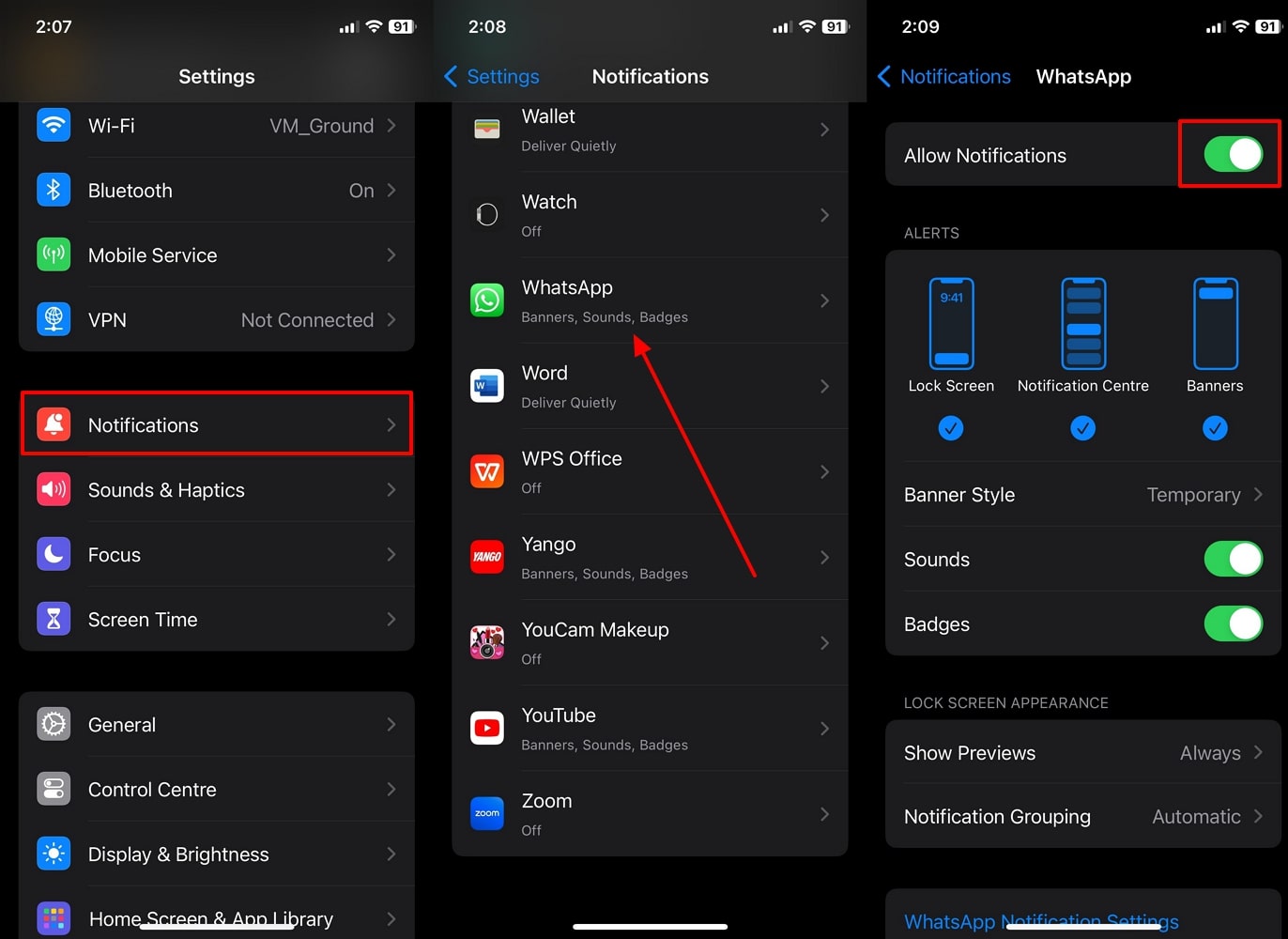 WhatsApp通知iPhoneを有効にします